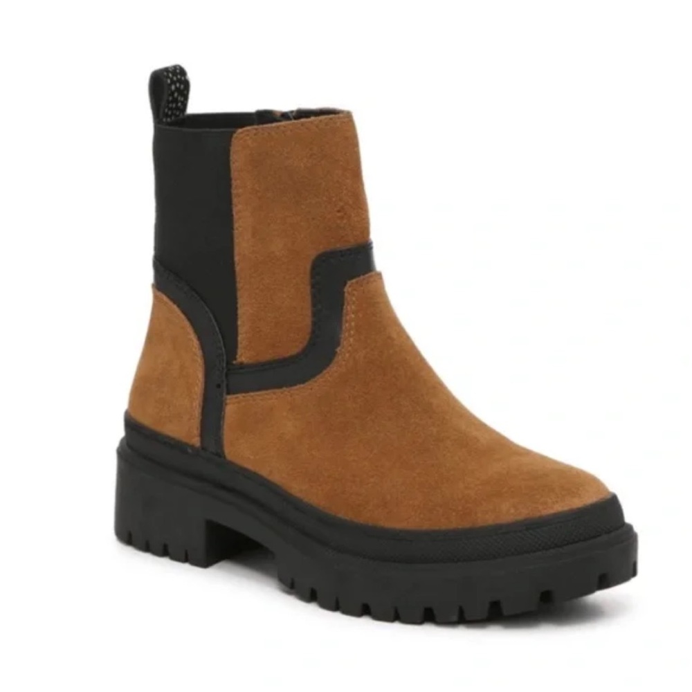 LUCKY BRAND "Eabile" Suede Leather Lug Sole Booties 9.5 Cognac/Black EUC!